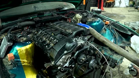 Air intake system on a drift car with a turbo engine Stock Footage 235679929