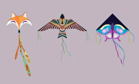 Air kite. Colored different shapes kite in sky festival toys for kids vecto.. Illustrazione stock