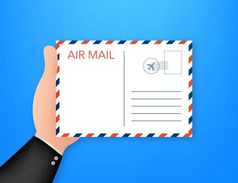 Air mail envelope with postal stamp isolated on white background. Vector Ilustração Stock