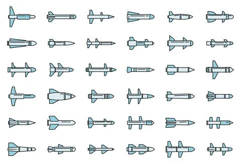 Air missile attack icons set vector color line Stock Illustration