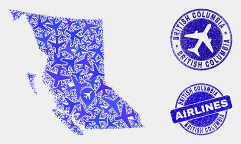 Air plane Collage Vector British Columbia Map and Grunge Stamps Stock Illustration