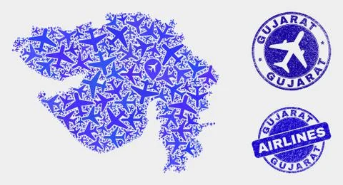 Air plane Composition Vector Gujarat State Map and Grunge Stamps イラスト素材