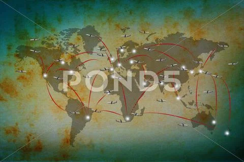 Air plane flying on classic world map Stock Illustrationen