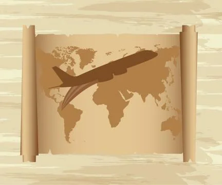 Air plane with map over old paper background. vector Stock Illustration