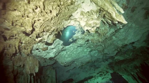 Air pocket below stalactite ceiling in cave Stock-Footage 331787143