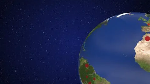 Air pollution. 3d render of abstract globe rotating with multiple red dots Illustrazione stock