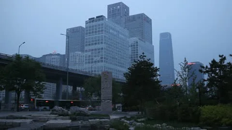 Air Pollution in Beijing CBD, China Dust Storm, Reflection, Yintai Center Stock Footage