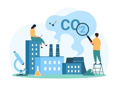 Air pollution with carbon dioxide, tiny people research CO2 emissions from 스톡 일러스트