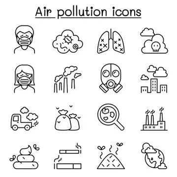 Air pollution icon set in thin line style イラスト素材
