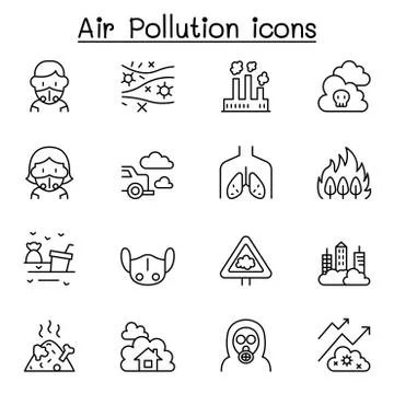 Air pollution icon set in thin line style Illustrazione stock
