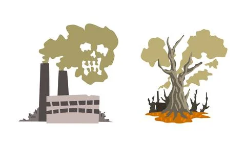 Air Pollution Set, Environmental Pollution of Industrial Waste Cartoon Vector Stock Illustration