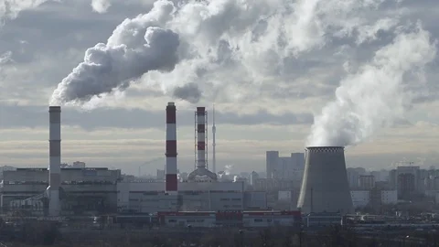 Air pollution smog by Coal Power Plant real time city Stock Footage