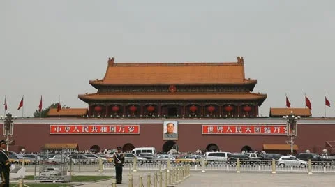 Air Pollution Traffic Jam, Center Beijing China Forbidden City, Tiananmen Square Stock Footage