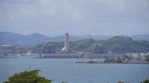 AIR POLLUTION white smoke by electrical energy power plant station.. Stock Footage 50777865