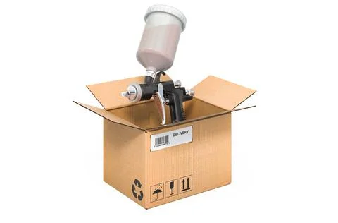 Air-pressurized spray gun inside cardboard box, delivery concept. 3D renderin Illustration