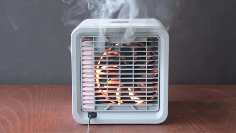 Air purifier burns with fire, flames and sparks, black smoke.  The cause of the  Video stock 170091735