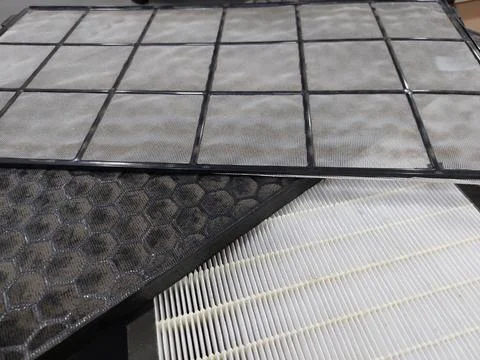 Air Purifier Filter component : Pre Filter, Carbon Filter, and HEPA filter Stock Photos