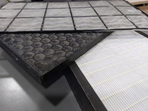 Air Purifier Filter component : Pre Filter, Carbon Filter, and HEPA filter Stock Photos