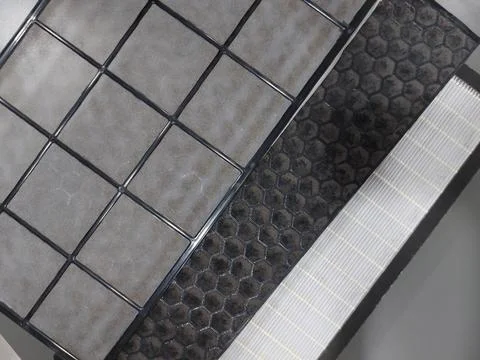 Air Purifier Filter component : Pre Filter, Carbon Filter, and HEPA filter Stock Photos