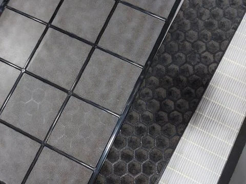 Air Purifier Filter component : Pre Filter, Carbon Filter, and HEPA filter Stock Photos