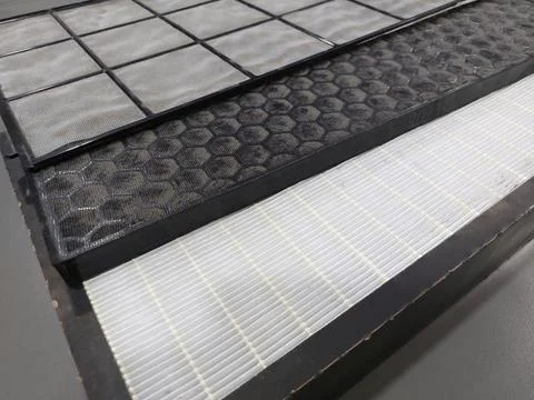 Air Purifier Filter component : Pre Filter, Carbon Filter, and HEPA filter Stock Photos