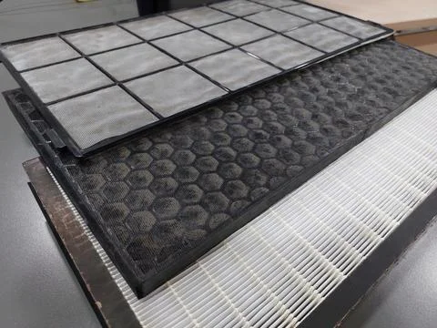 Air Purifier Filter component : Pre Filter, Carbon Filter, and HEPA filter Stock Photos