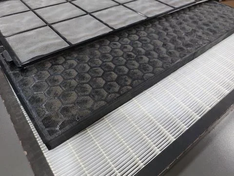 Air Purifier Filter component : Pre Filter, Carbon Filter, and HEPA filter Stock Photos