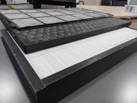 Air Purifier Filter component : Pre Filter, Carbon Filter, and HEPA filter Stock Photos