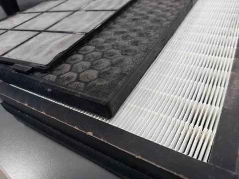 Air Purifier Filter component : Pre Filter, Carbon Filter, and HEPA filter Stock Photos