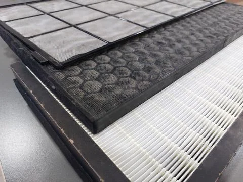 Air Purifier Filter component : Pre Filter, Carbon Filter, and HEPA filter Stock Photos