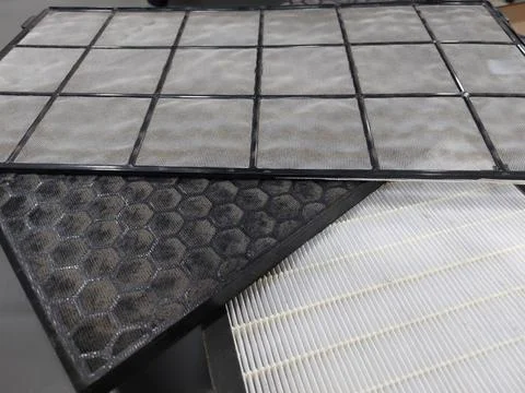 Air Purifier Filter component : Pre Filter, Carbon Filter, and HEPA filter Stock Photos