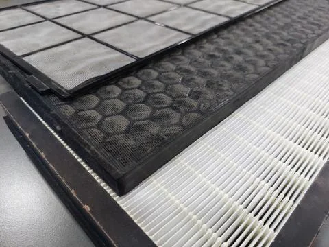 Air Purifier Filter component : Pre Filter, Carbon Filter, and HEPA filter Stock Photos