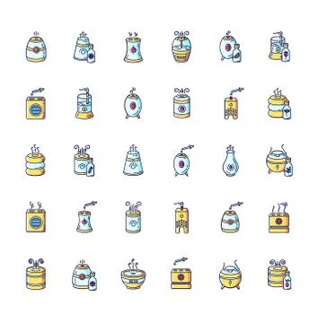 Air purifiers, diffusers blue, yellow and red RGB color icons set. Fashionable Stock Illustration
