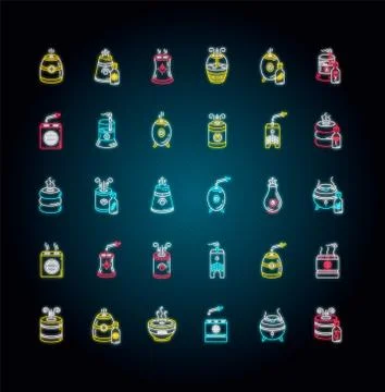 Air purifiers, diffusers neon light icons set. Humidity regulators, air cleaners Stock Illustration