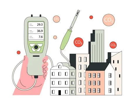 Air quality index. Handheld device measures urban CO2 levels. Air pollution Stock Illustration