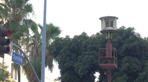 Air Raid Siren with Spring Street Sign in Downtown Los Angeles Stock Footage 54265485