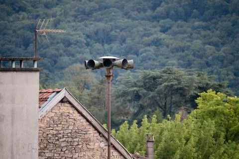 Air Raid Siren Test in small French town - Cremieu Stock Photos