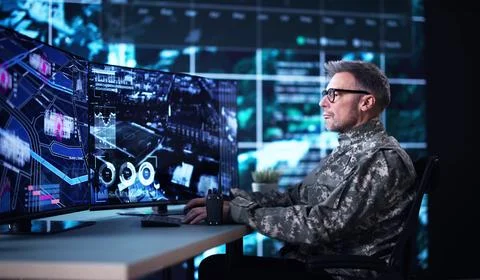 Air Reconnaissance Technology On Computer. World Map Data Stock Photos