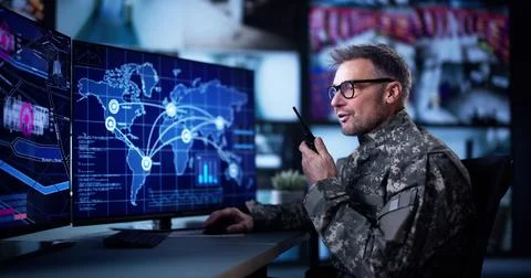 Air Reconnaissance Technology On Computer. World Map Data 스톡 사진