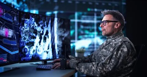 Air Reconnaissance Technology On Computer. World Map Data Stock Photos
