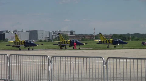 Air show, Baltic Bees crew, L-39C aircraft, jet planes ready to take off Stock Footage 40494151