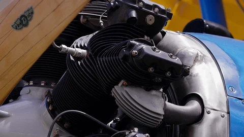 Air show, closeup of a motor with propeller of a historically old propeller p Stock Footage 101447308