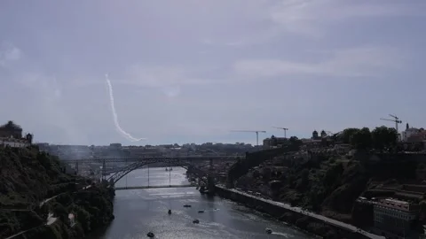 Air Show Over Dom Luis Bridge in Porto with Stunt Planes Over Douro River Video stock 340569329