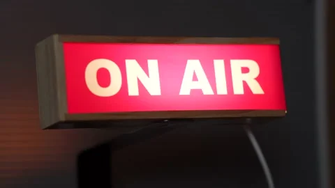 On Air Sign Lights Up For Live Broadcasting, Behind The Scenes Stock Footage 147002391