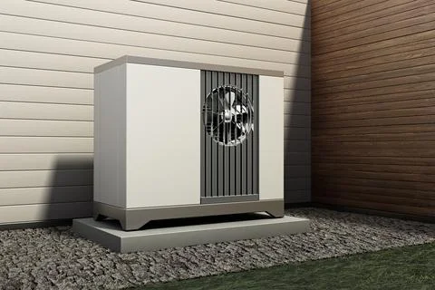 Air source heat pump standing outside the building Stock Illustration