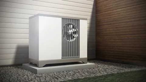 Air source heat pump standing outside the building. 3D illustration Ilustración de archivo