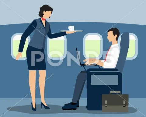 Air stewardess serving first class passenger vector flat illustration Stock Illustration