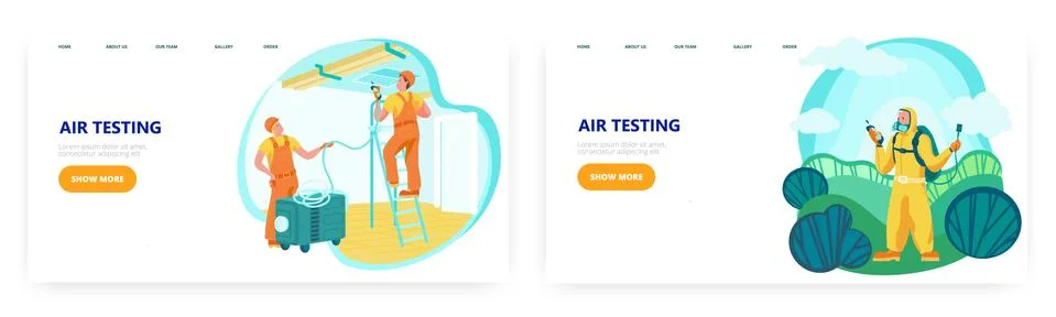 Air testing landing page design, website banner vector template set. Air quality Stock Illustration