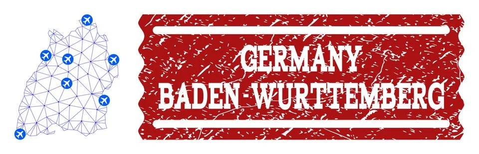 Air Ticket Composition of Polygonal Mesh Map of Baden-Wurttemberg State and Stock Illustration