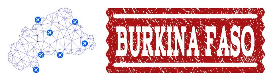Air Ticket Composition of Polygonal Mesh Map of Burkina Faso and Distress Stamp Stock Illustration